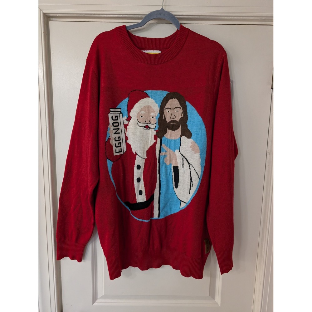 Tipsy Elves Mens Red Santa and Jesus Egg Nog Ugly Christmas Sweater XXL